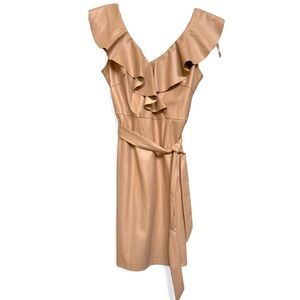 Bebe Vegan Leather Taupe Ruffle Dress- NWT